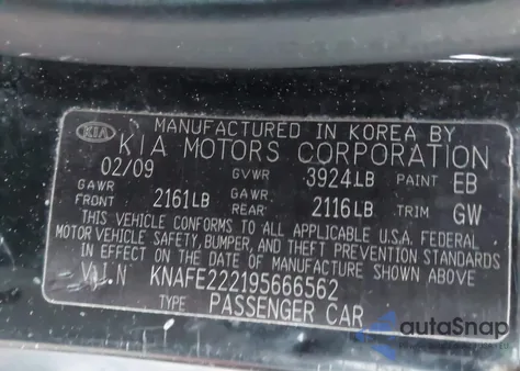 2009 Kia Spectra Ex from USA, damaged, VIN KNAFE222195666562